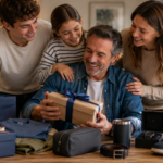Padre sonriente recibe regalos de su familia en el Día del Padre, rodeado de obsequios como indumentaria, accesorios y artículos personales, representando las tendencias de consumo para 2026