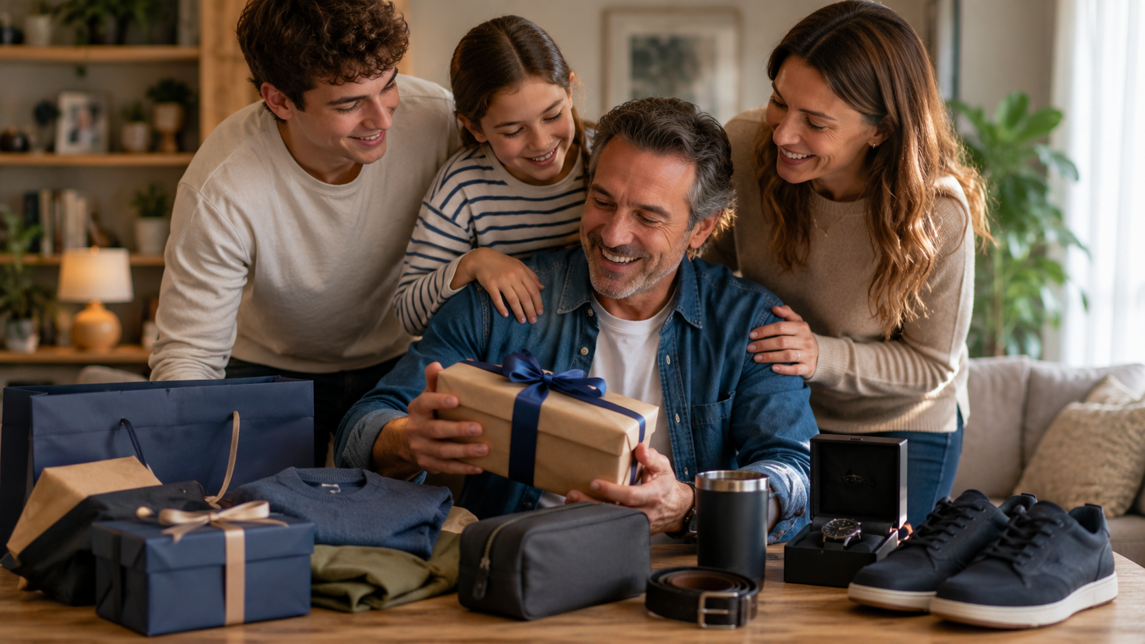 Padre sonriente recibe regalos de su familia en el Día del Padre, rodeado de obsequios como indumentaria, accesorios y artículos personales, representando las tendencias de consumo para 2026