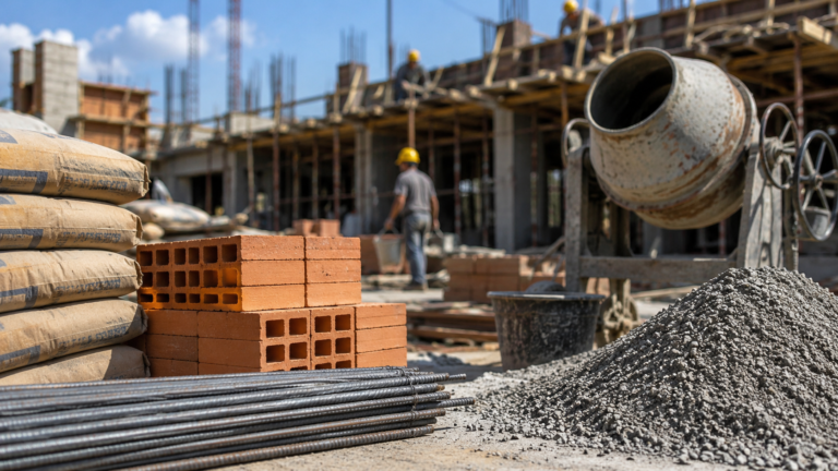 Materiales para la construcción en una obra en marcha, con bolsas de cemento, ladrillos, hierro y maquinaria, reflejando la recuperación de la actividad y el crecimiento en la venta de insumos del sector