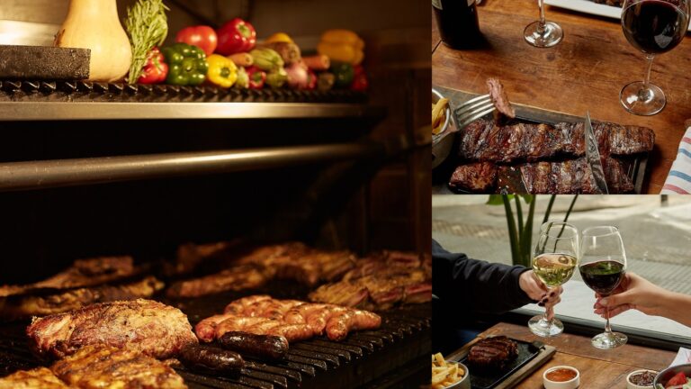 Collage gastronómico de Dandy Grill con carnes a la parrilla, cortes servidos en mesa y copas de vino, reflejando una experiencia ideal para almuerzos de trabajo y reuniones corporativas