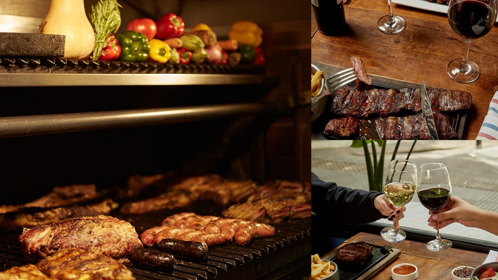 Collage gastronómico de Dandy Grill con carnes a la parrilla, cortes servidos en mesa y copas de vino, reflejando una experiencia ideal para almuerzos de trabajo y reuniones corporativas