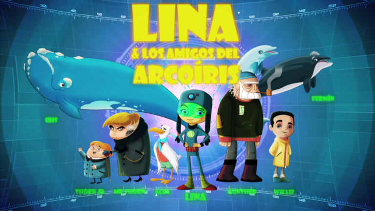 Imagen promocional de la serie animada “Lina y los amigos del arcoíris”, con personajes infantiles y animales marinos que acompañan historias educativas sobre cuidado del ambiente, biodiversidad y sostenibilidad