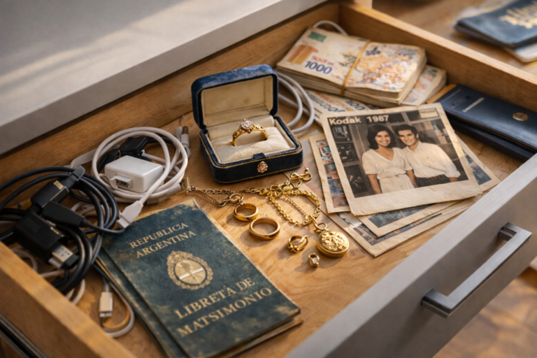 Documentos personales, fotografías familiares, joyas y objetos de valor sentimental guardados para su resguardo en una caja de seguridad