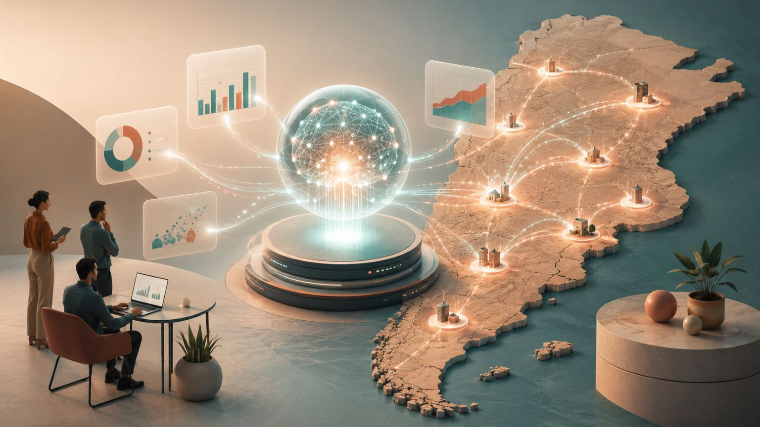 Representación digital de inteligencia artificial conectando datos y operaciones en distintas provincias argentinas, en el marco de la estrategia de expansión de Calipso