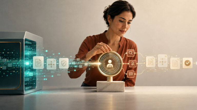 Profesional interactúa con herramientas digitales y procesos automatizados, representando la integración entre tecnología, talento humano y gestión empresarial.