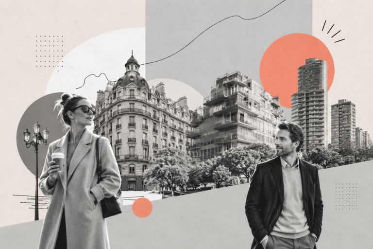 Composición visual que combina edificios históricos de Recoleta, torres residenciales de lujo y profesionales urbanos, representando la transformación del mercado inmobiliario premium en Buenos Aires