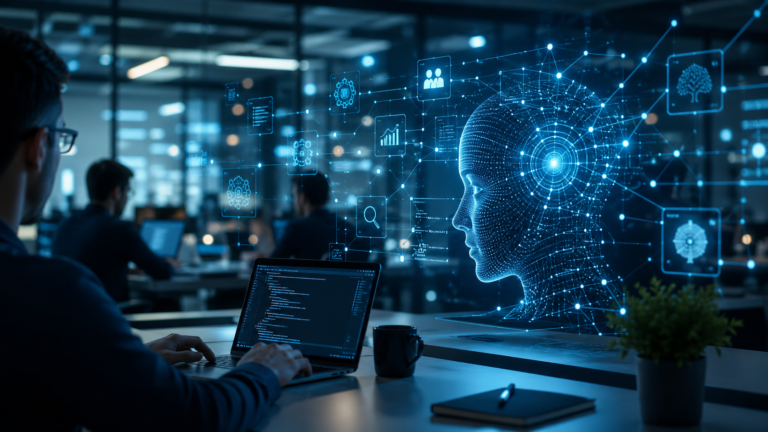 Ilustración conceptual de inteligencia artificial y agentes autónomos interactuando en un entorno tecnológico, representando la ingeniería agéntica aplicada al desarrollo de software