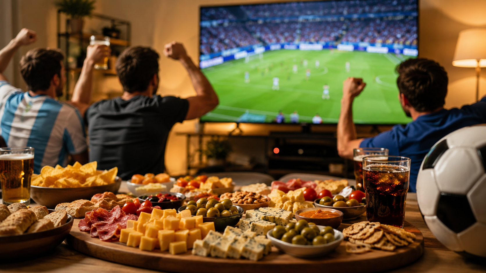 Mesa con una variedad de quesos, fiambres, aceitunas y snacks frente a un grupo de personas que mira un partido de fútbol, representando el crecimiento del consumo de productos para picadas durante el Mundial 2026