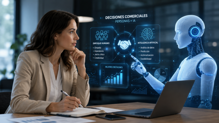 Profesional analiza información junto a un asistente de inteligencia artificial en una oficina, representando la colaboración entre personas y tecnología para la toma de decisiones comerciales