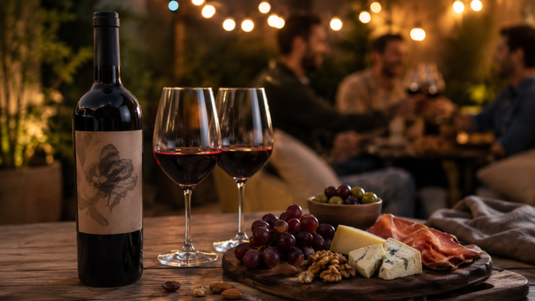Botella y copas de vino junto a una tabla de quesos y fiambres en un encuentro social, imagen que ilustra el cambio en los hábitos de consumo de vino en Argentina