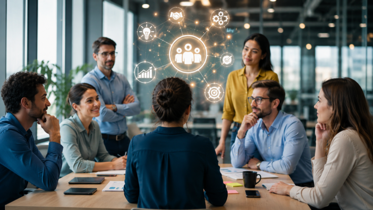 Equipo de trabajo participa de una reunión colaborativa en una oficina moderna, reflejando el protagonismo de la gestión del talento y la innovación en las empresas