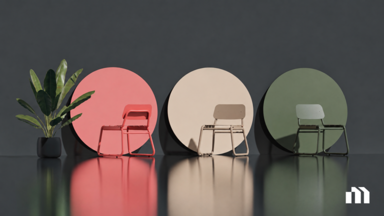Sillas de diseño contemporáneo frente a paneles circulares de distintos colores, en una composición que representa el Concurso Metrar de Diseño en Aluminio para proyectos de juegos de interior y exterior
