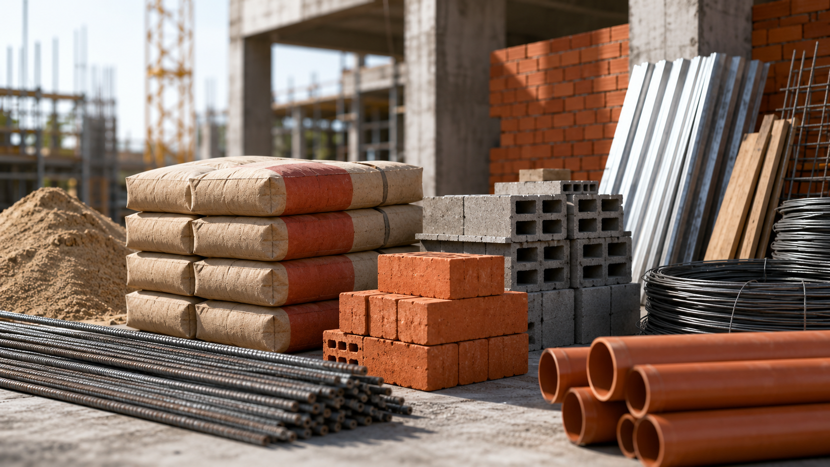 Materiales para la construcción, como cemento, ladrillos, hierro y bloques, apilados en una obra en construcción, en una imagen que representa la evolución del sector