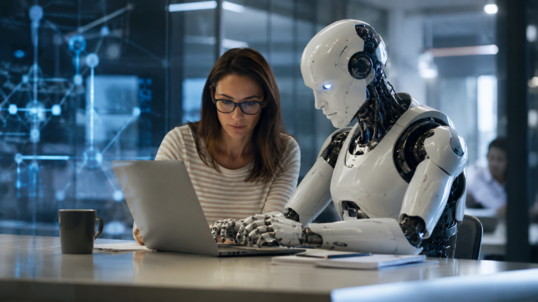 Profesional trabajando junto a un sistema de inteligencia artificial en un entorno de oficina, representando la colaboración entre personas y tecnología