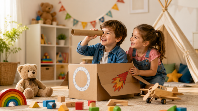 Dos niños juegan e imaginan aventuras con una caja de cartón rodeados de juguetes en un ambiente cálido y luminoso, representando el espíritu del Día del Niño