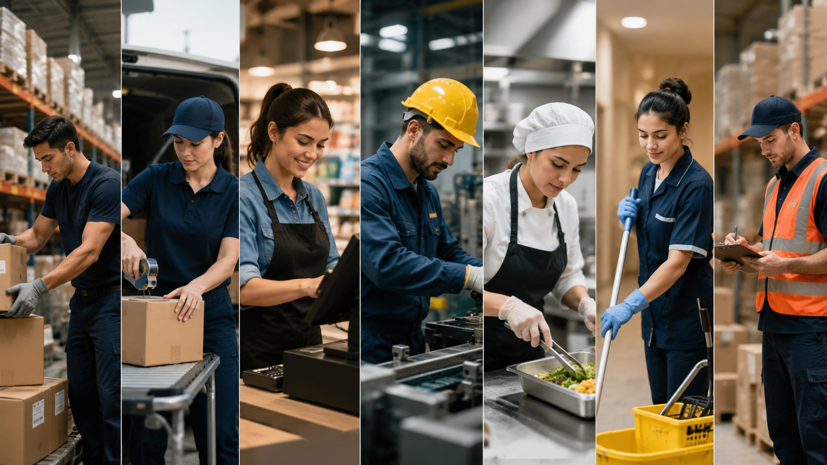 Trabajadores desempeñando tareas operativas en logística, depósitos, producción, gastronomía, limpieza y comercio, representando los puestos de nivel inicial con mayor demanda laboral durante el segundo semestre