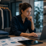 Ejecutiva analiza datos con inteligencia artificial para optimizar la planificación de compras en una empresa de retail de moda