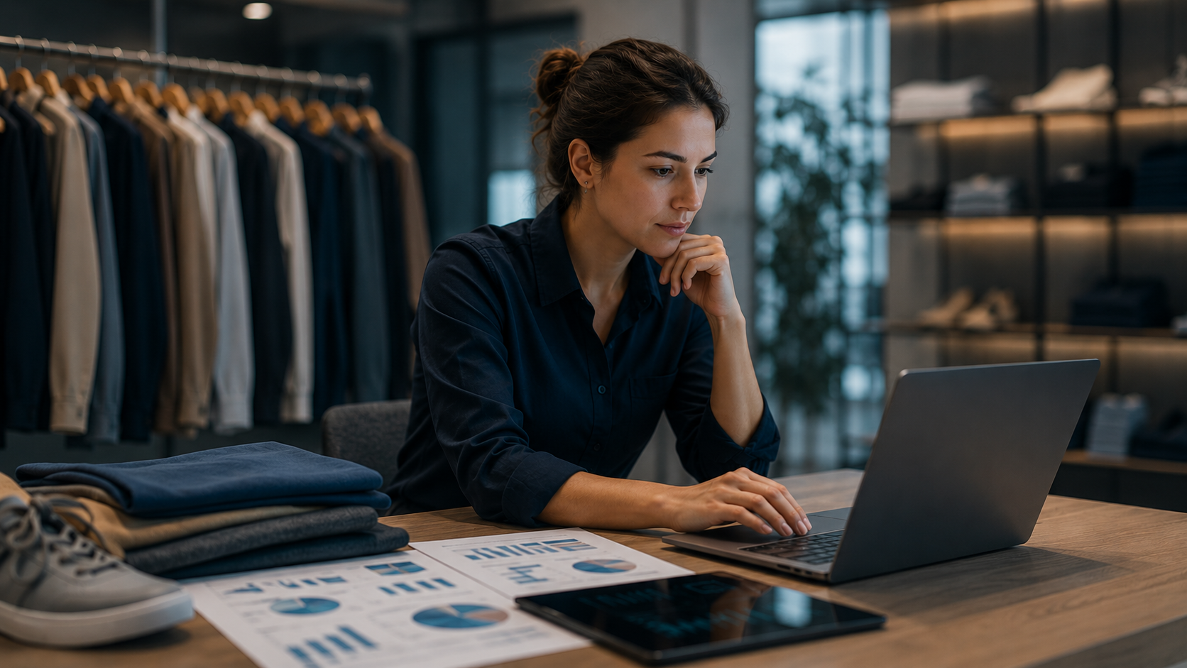 Ejecutiva analiza datos con inteligencia artificial para optimizar la planificación de compras en una empresa de retail de moda