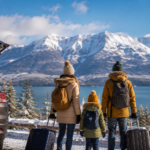 Familia con valijas frente a un paisaje nevado durante las vacaciones de invierno 2026, representando los destinos elegidos por los argentinos