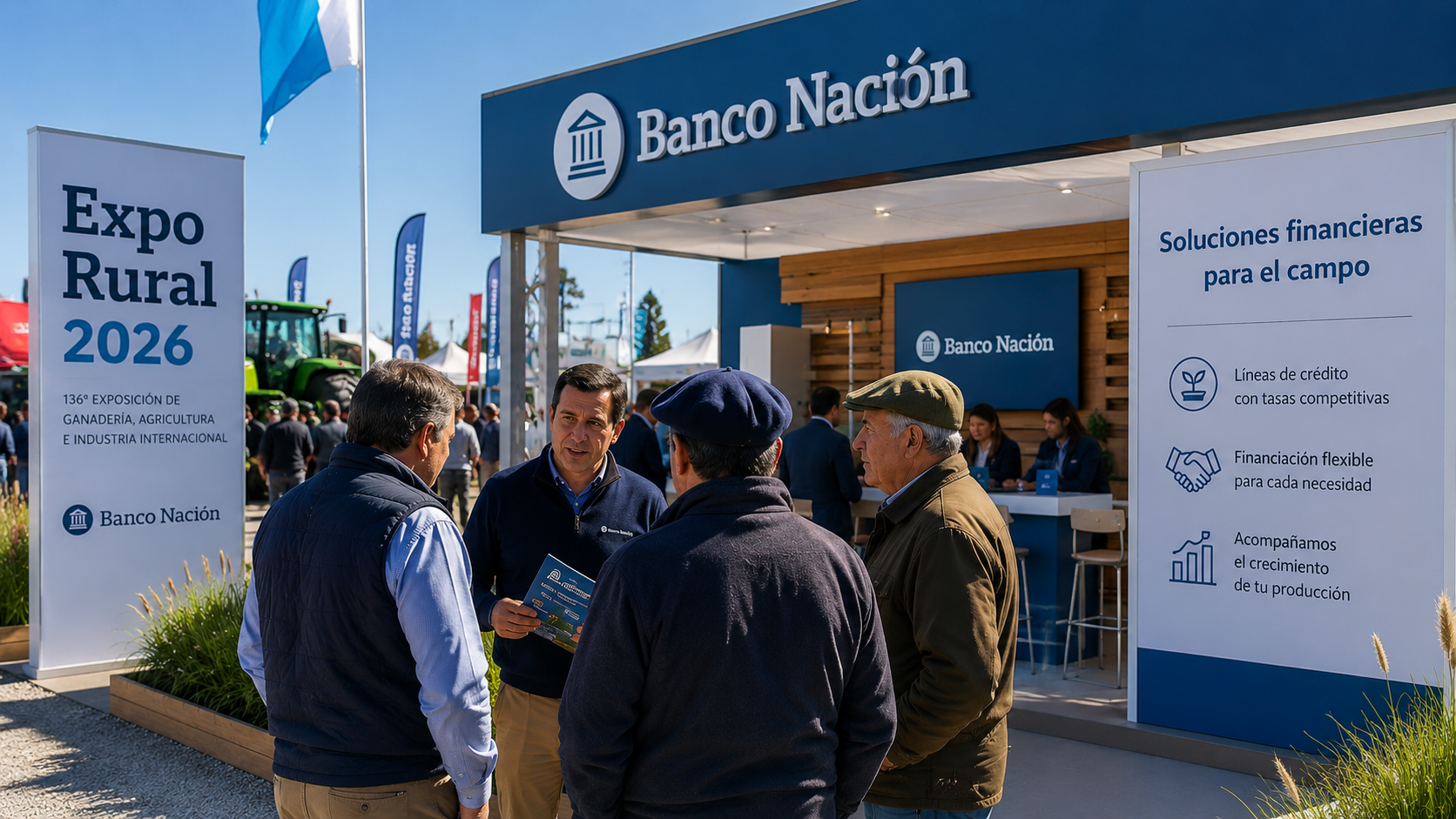 Stand del Banco Nación en la Expo Rural 2026, donde productores agropecuarios reciben información sobre líneas de financiamiento y créditos para el sector