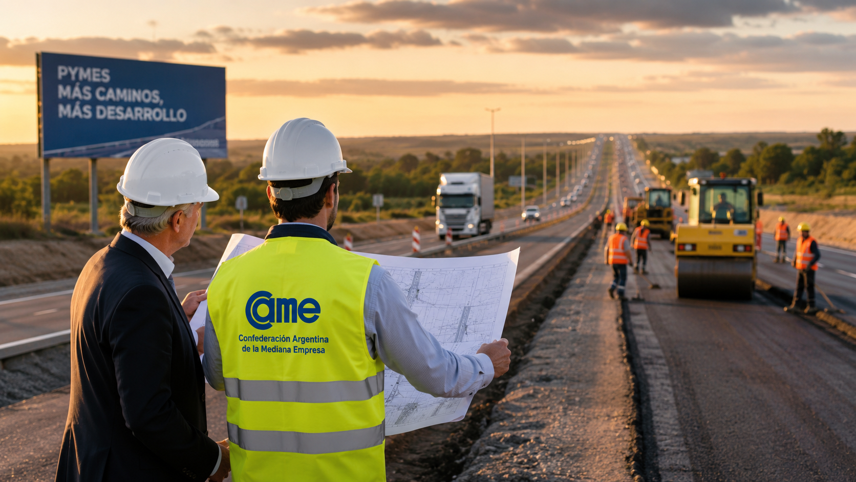 Representantes de CAME analizan obras viales junto a una ruta en construcción para impulsar mejoras de infraestructura que favorezcan el desarrollo de las pymes argentinas