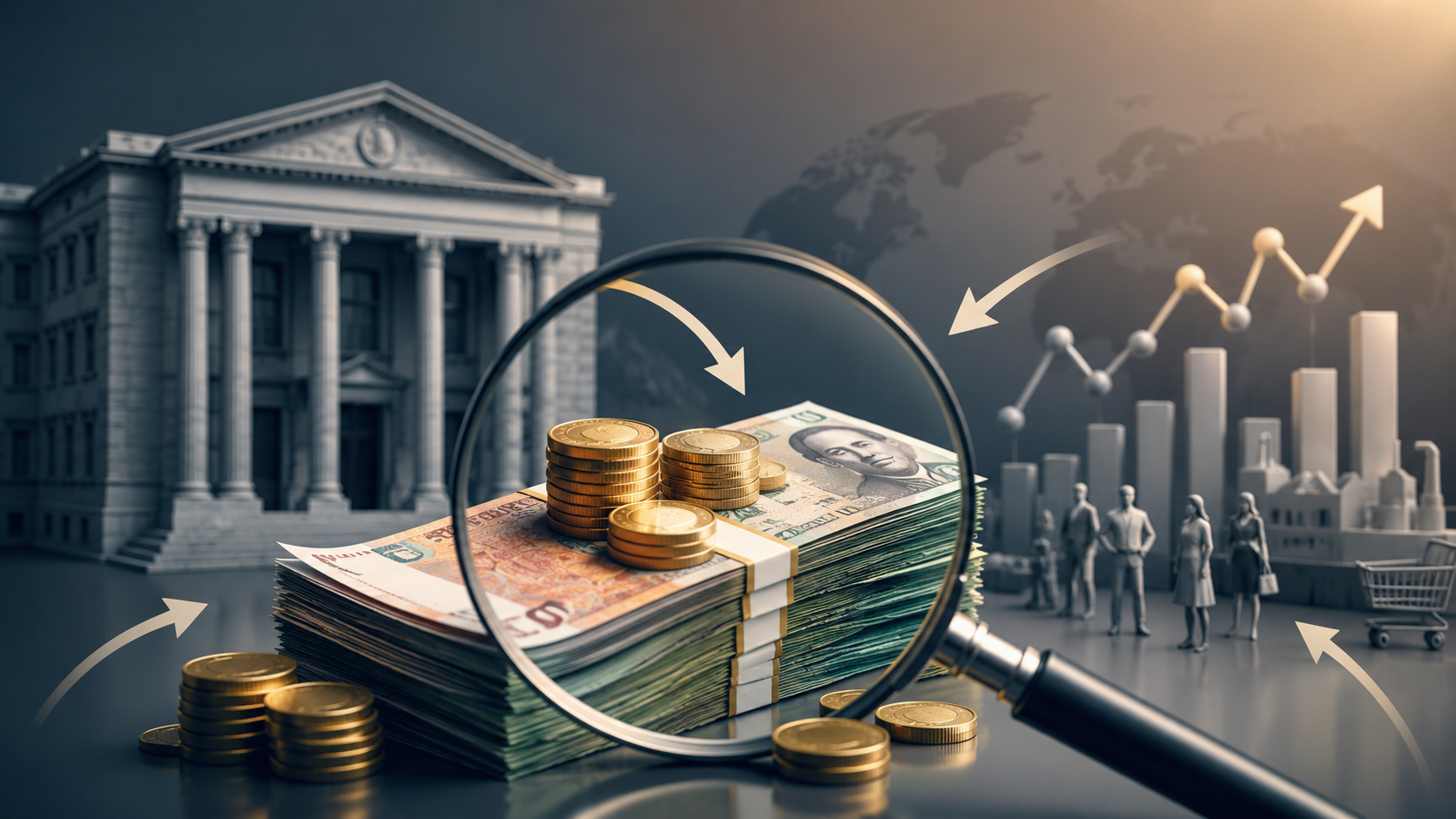 Ilustración conceptual con billetes, monedas, gráficos económicos y un banco central que representa el reduccionismo monetarista