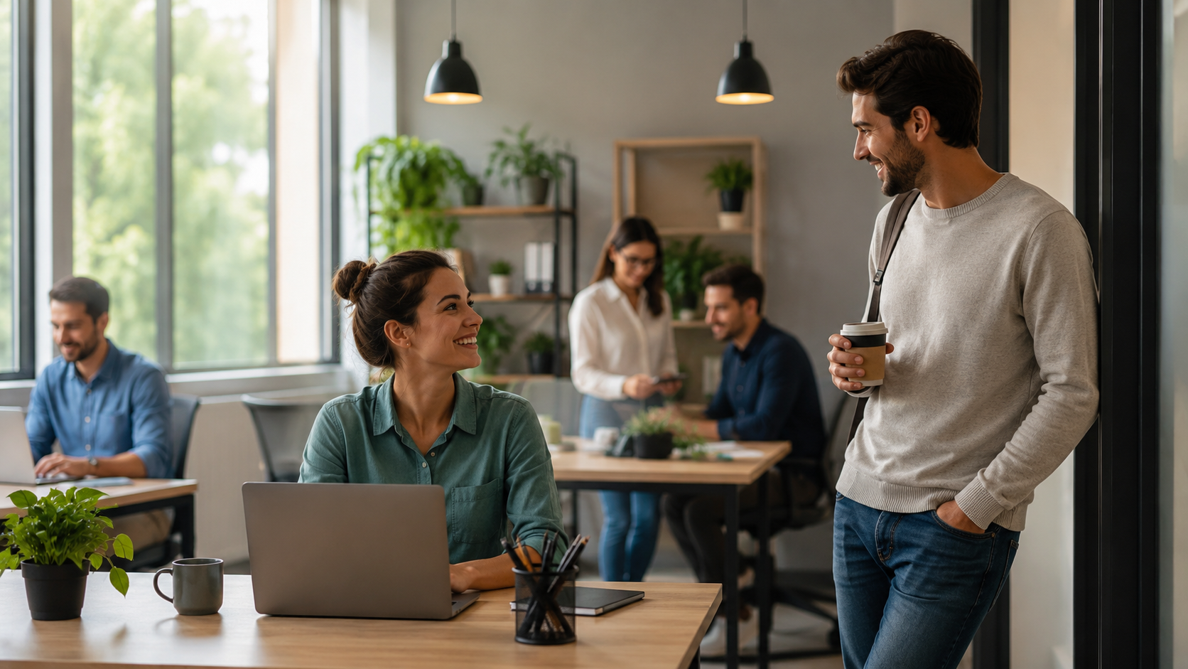 Equipo de trabajo interactuando en una oficina moderna, reflejando un ambiente laboral positivo que favorece el equilibrio entre la vida personal y el trabajo