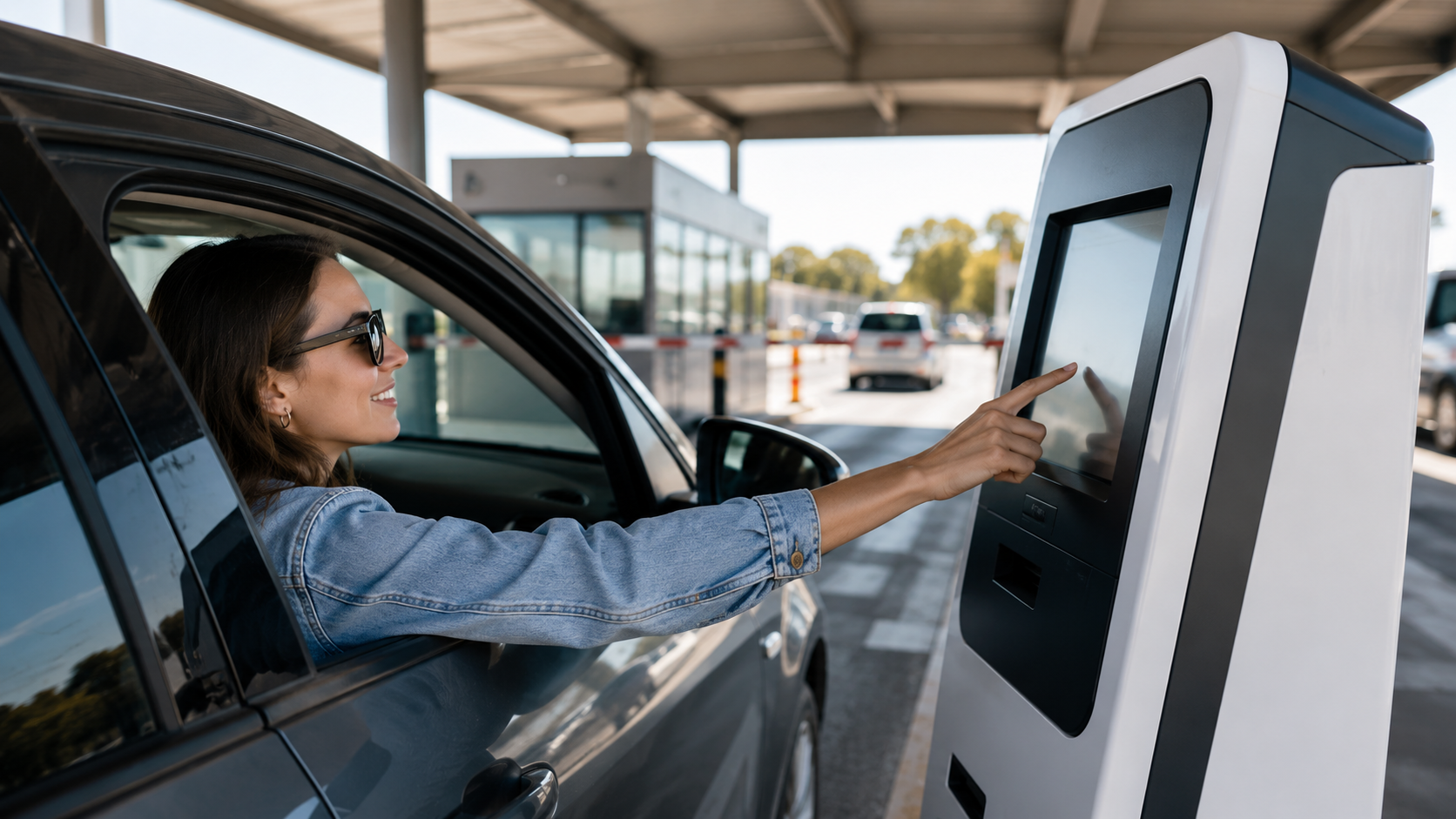 Automovilista utiliza una terminal de autogestión en un paso fronterizo para realizar trámites de manera rápida y digital, sin necesidad de atención presencial