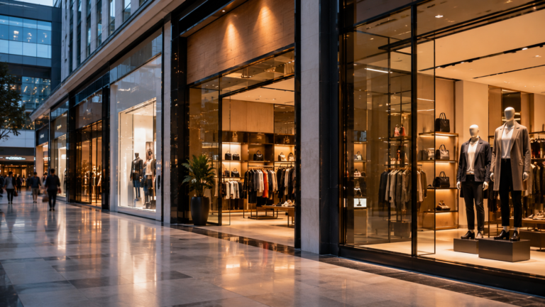 Locales comerciales premium con vidrieras de marcas internacionales en un corredor de alto nivel, reflejando el crecimiento del mercado inmobiliario comercial