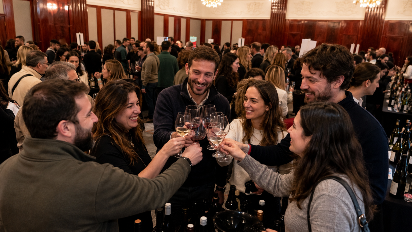Asistentes brindan con copas de vino durante una feria vitivinícola que reúne a bodegas especializadas en vinos orgánicos y sustentables, reflejando el crecimiento de esta categoría en Argentina
