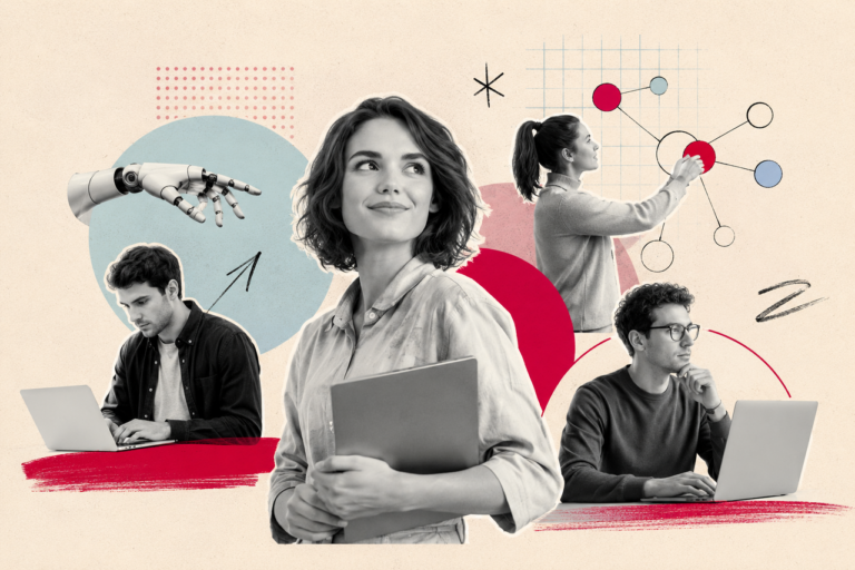 Jóvenes profesionales interactúan con herramientas digitales e inteligencia artificial, reflejando los cambios en el acceso a los primeros empleos y las nuevas habilidades demandadas