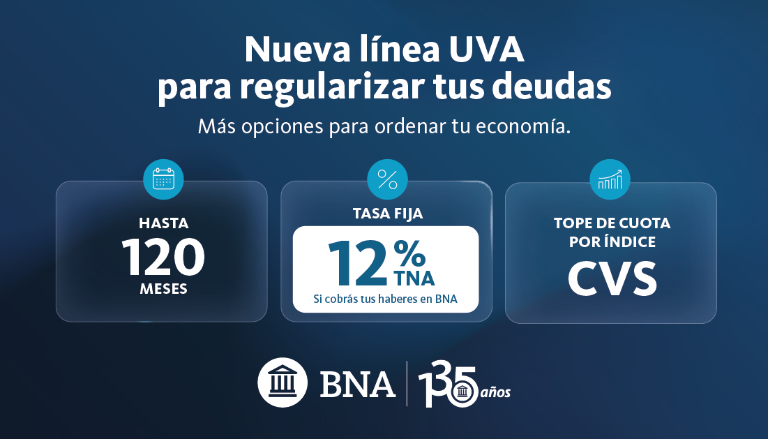 Placa informativa del Banco Nación que presenta una nueva línea de créditos UVA para regularizar deudas, con financiamiento de hasta 120 meses y tasa fija