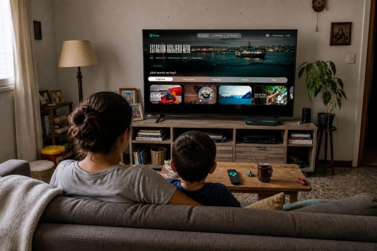 Una familia disfruta contenidos del CONICET en la plataforma Flow de Personal desde el televisor de su hogar, con documentales y producciones de divulgación científica