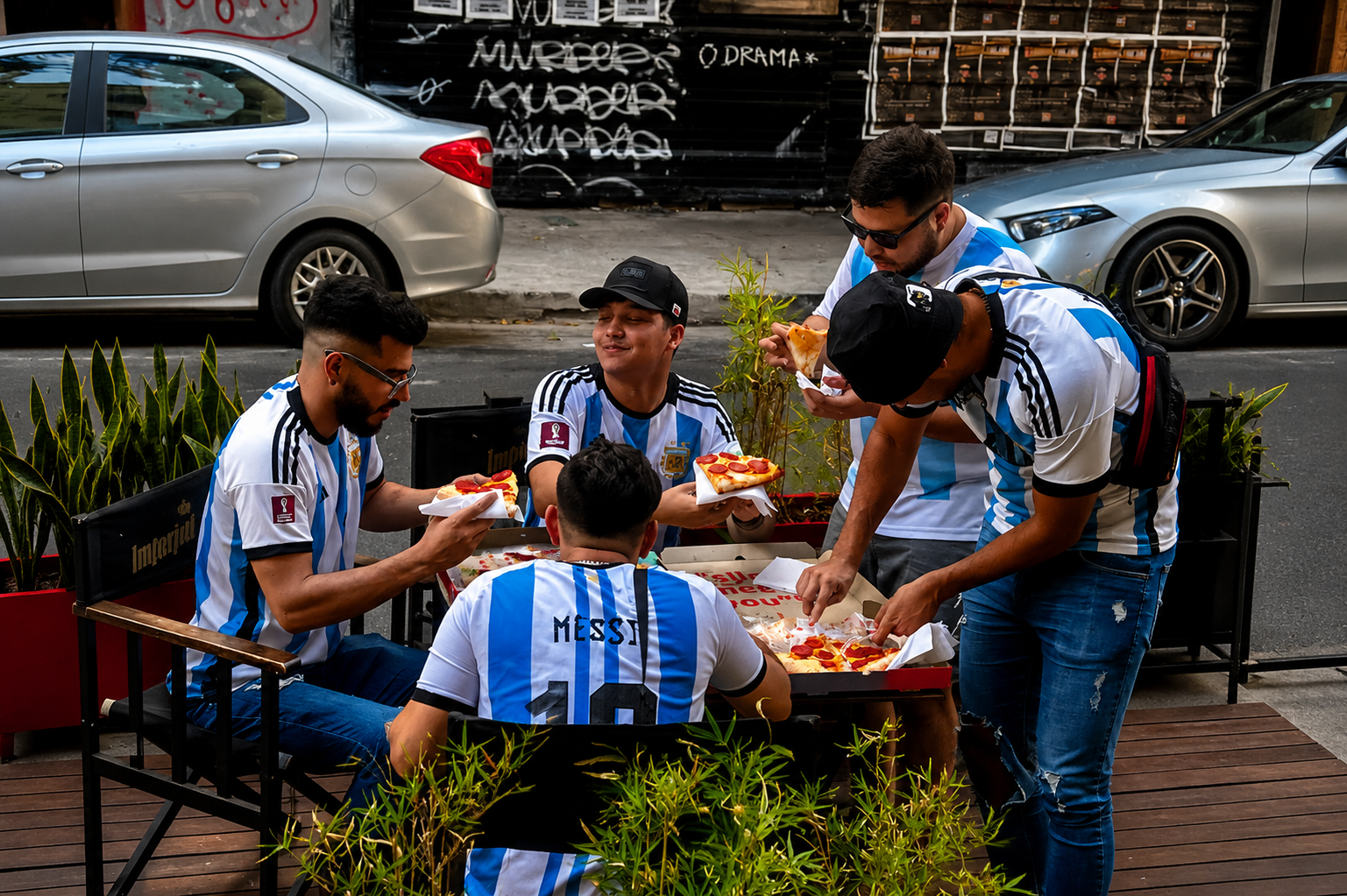 Grupo de amigos comparte pizzas estilo New York en una mesa al aire libre durante una celebración por el Día del Amigo en Hell’s