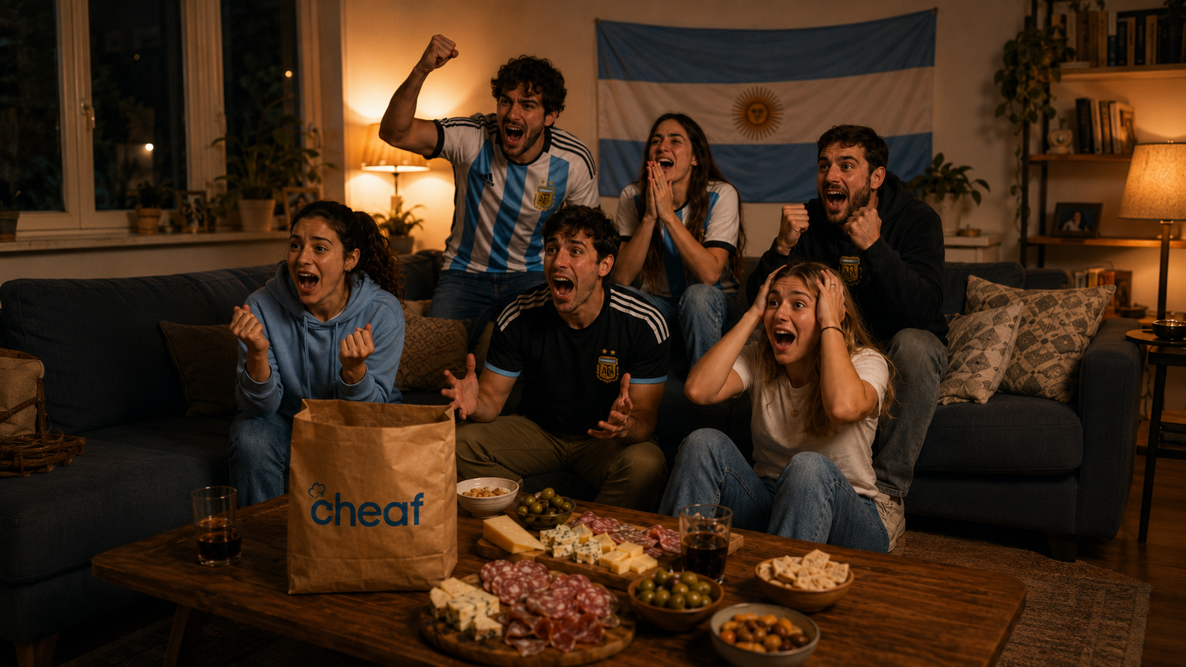 Grupo de hinchas de la Selección Argentina celebra un partido del Mundial 2026 mientras comparte una picada con alimentos recuperados para evitar el desperdicio