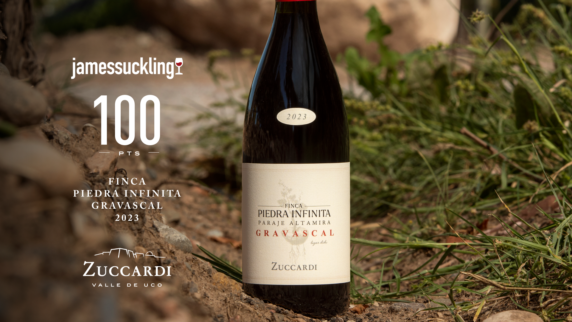 Botella de Gravascal 2023 de Finca Piedra Infinita, de Zuccardi Valle de Uco, distinguida con 100 puntos por el crítico James Suckling, reconocimiento que la posiciona entre los Malbec más destacados del mundo