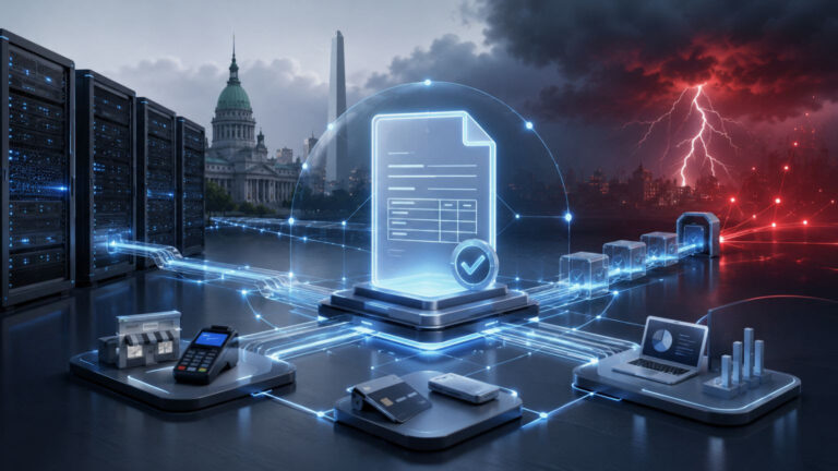 Ilustración de un sistema de facturación electrónica conectado a servidores y plataformas digitales, en referencia al nuevo esquema de contingencia implementado por ARCA para las empresas