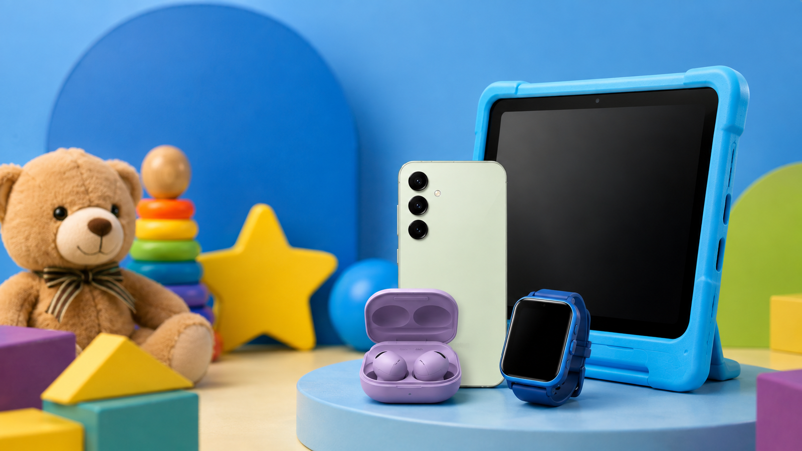 Productos tecnológicos Samsung junto a juguetes infantiles en una escena colorida por el Día del Niño