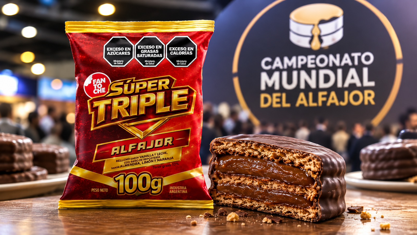 Alfajor Súper Triple de Fantoche junto al escenario del Campeonato Mundial del Alfajor