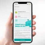 Persona sostiene un teléfono celular con la aplicación Médico IA de Premedic, un chat de orientación médica disponible las 24 horas para sus afiliados