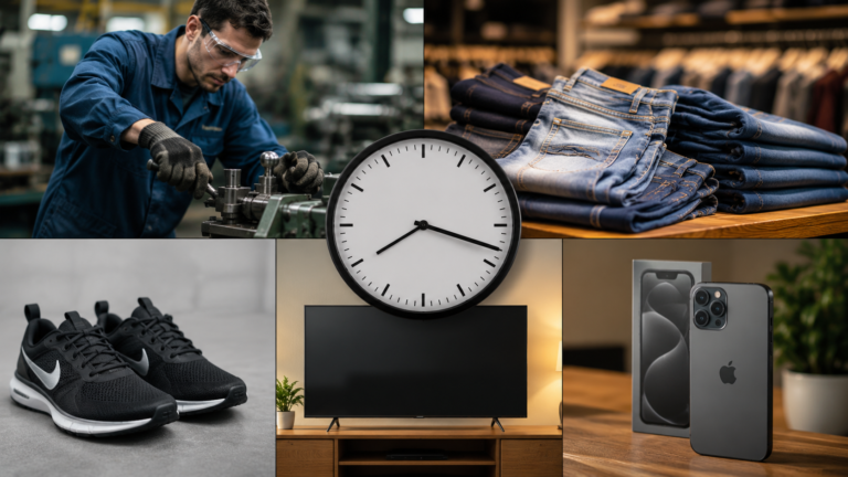 Composición con un reloj, un trabajador, un jean, unas zapatillas, un televisor y un teléfono celular que representa las horas de trabajo necesarias para acceder a distintos bienes de consumo en Argentina