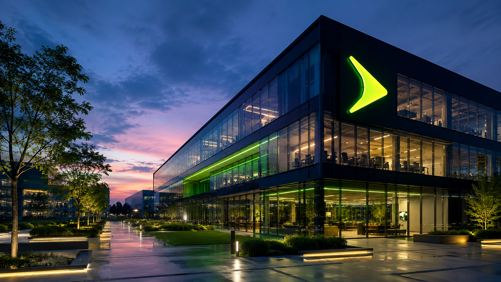 Edificio corporativo de Globant con iluminación tecnológica en una moderna oficina