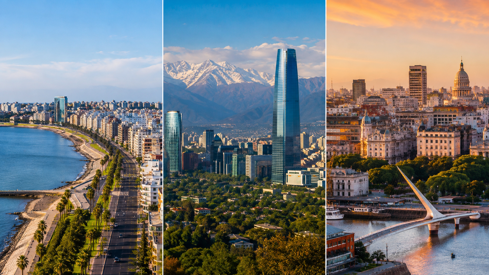 Vistas panorámicas de Montevideo, Santiago de Chile y Buenos Aires para comparar salarios y costo de vida