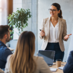 Profesionales participan de un programa ejecutivo en un aula de capacitación de negocios, con una expositora brindando una clase frente a un grupo de asistentes