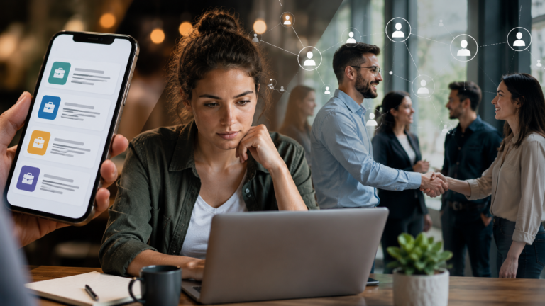 Persona buscando empleo desde una computadora mientras combina plataformas digitales y contactos profesionales