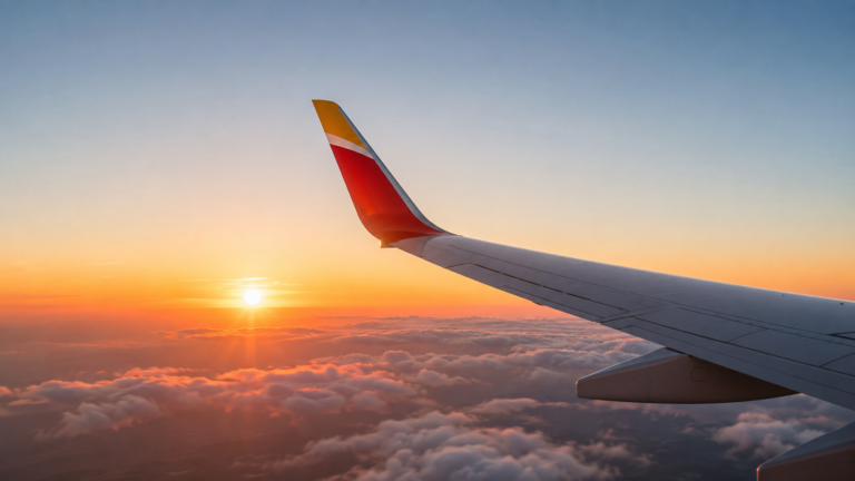 Avión de Iberia sobrevolando las nubes durante un vuelo al atardecer