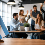 Equipo de trabajo en una oficina moderna junto a una bandera argentina