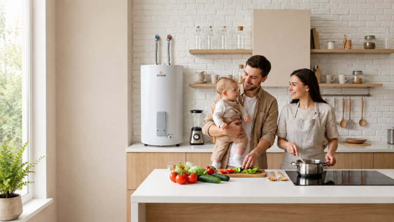 Familia argentina junto a un termotanque Saiar en una cocina moderna