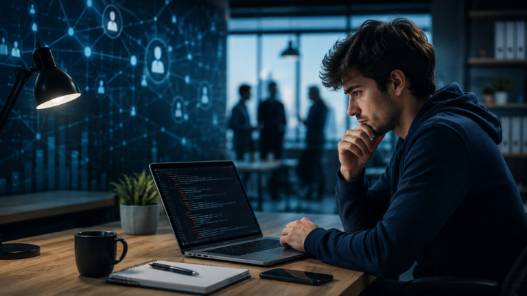 Profesional tecnológico trabajando con una computadora en una oficina moderna