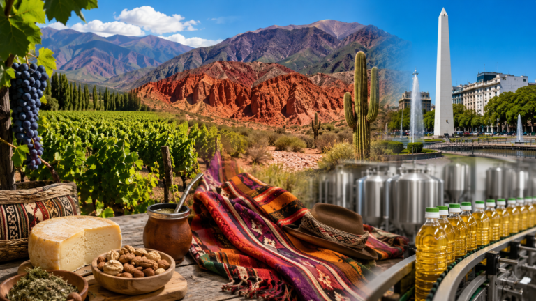 Paisajes, productos regionales y elementos culturales de Salta en una composición que representa su identidad productiva